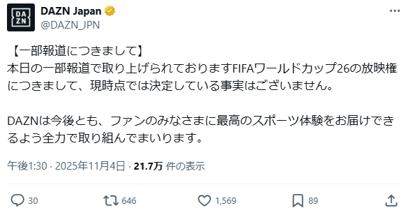 【速報】DAZNがW杯放映権について声明を発表…「決定している事実はございません」