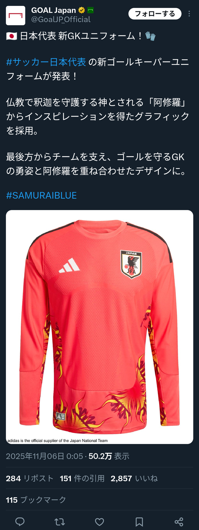 【画像】サッカー日本代表のゴールキーパー新ユニフォームがダサすぎると話題に…